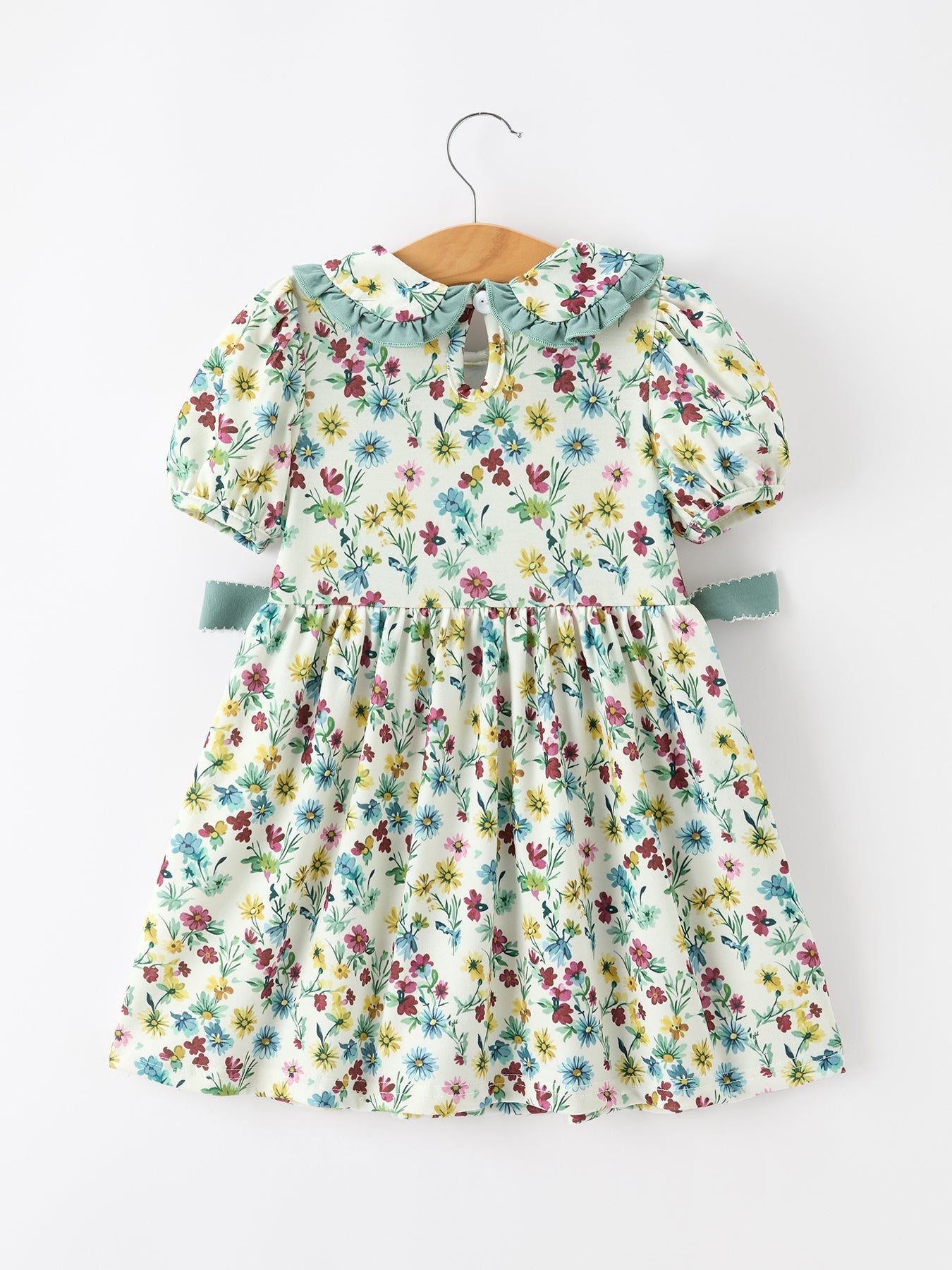Green Floral Girls Dress Petal Collar Bow Waist Puff Sleeve Dress