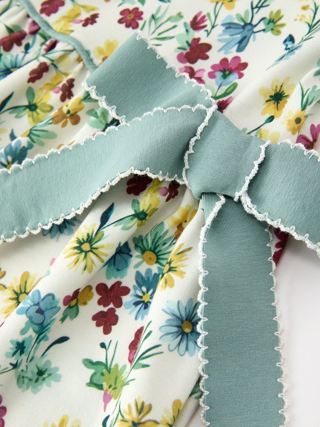 Green Floral Girls Dress Petal Collar Bow Waist Puff Sleeve Dress