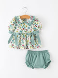 Green Floral Girls Outfit Set Ruffle Collar Bow Baby Bloomer Set