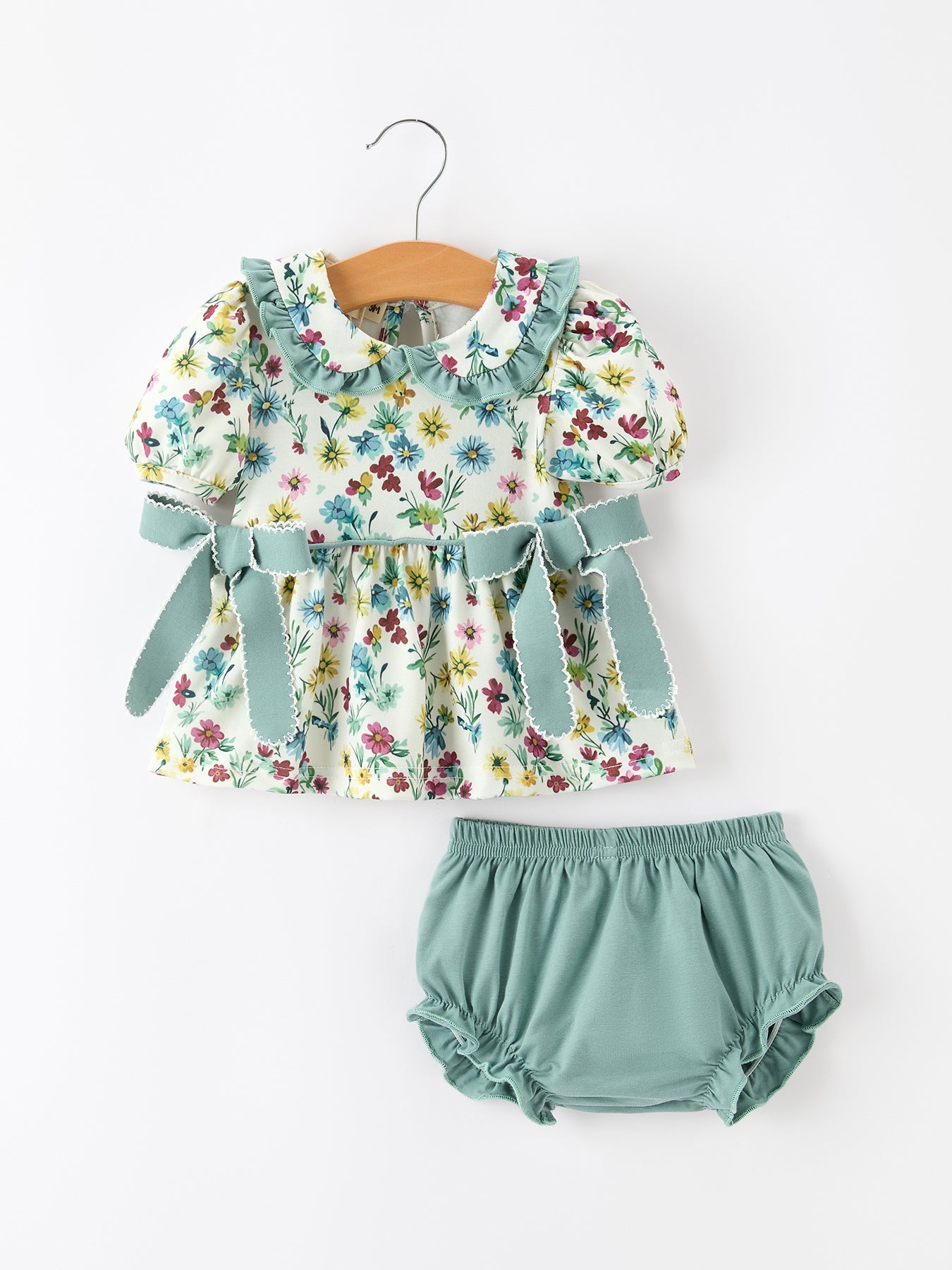 Green Floral Girls Outfit Set Ruffle Collar Bow Baby Bloomer Set