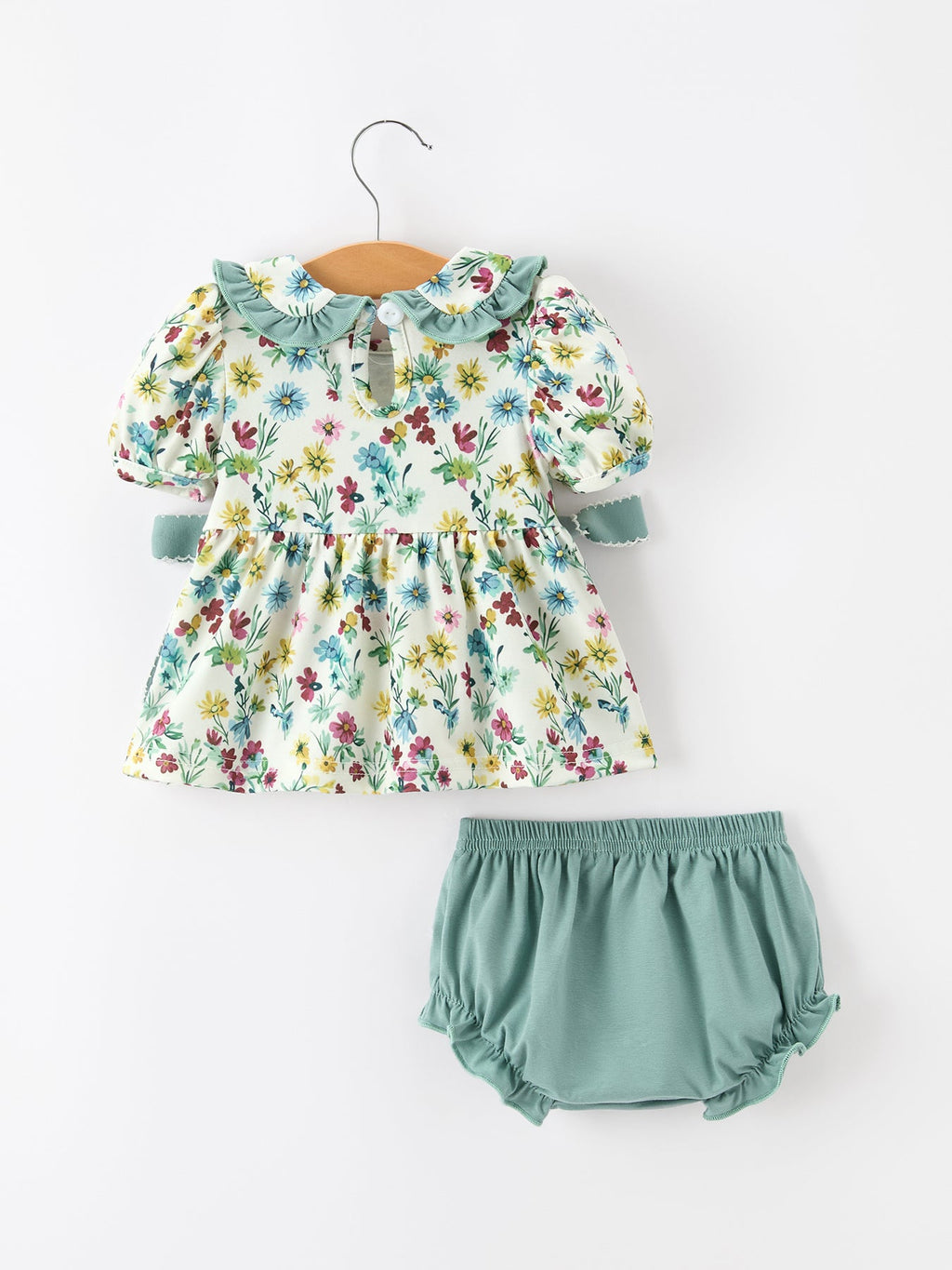 Green Floral Girls Outfit Set Ruffle Collar Bow Baby Bloomer Set