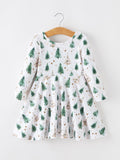 Girls Christmas Tree & Star Ribbed Print Twirl Dress