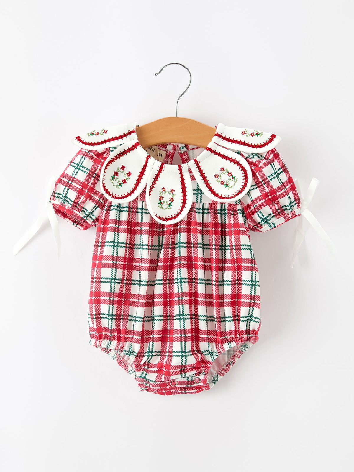 Red Christmas Plaid Wreath Baby Girl Bubble Romper