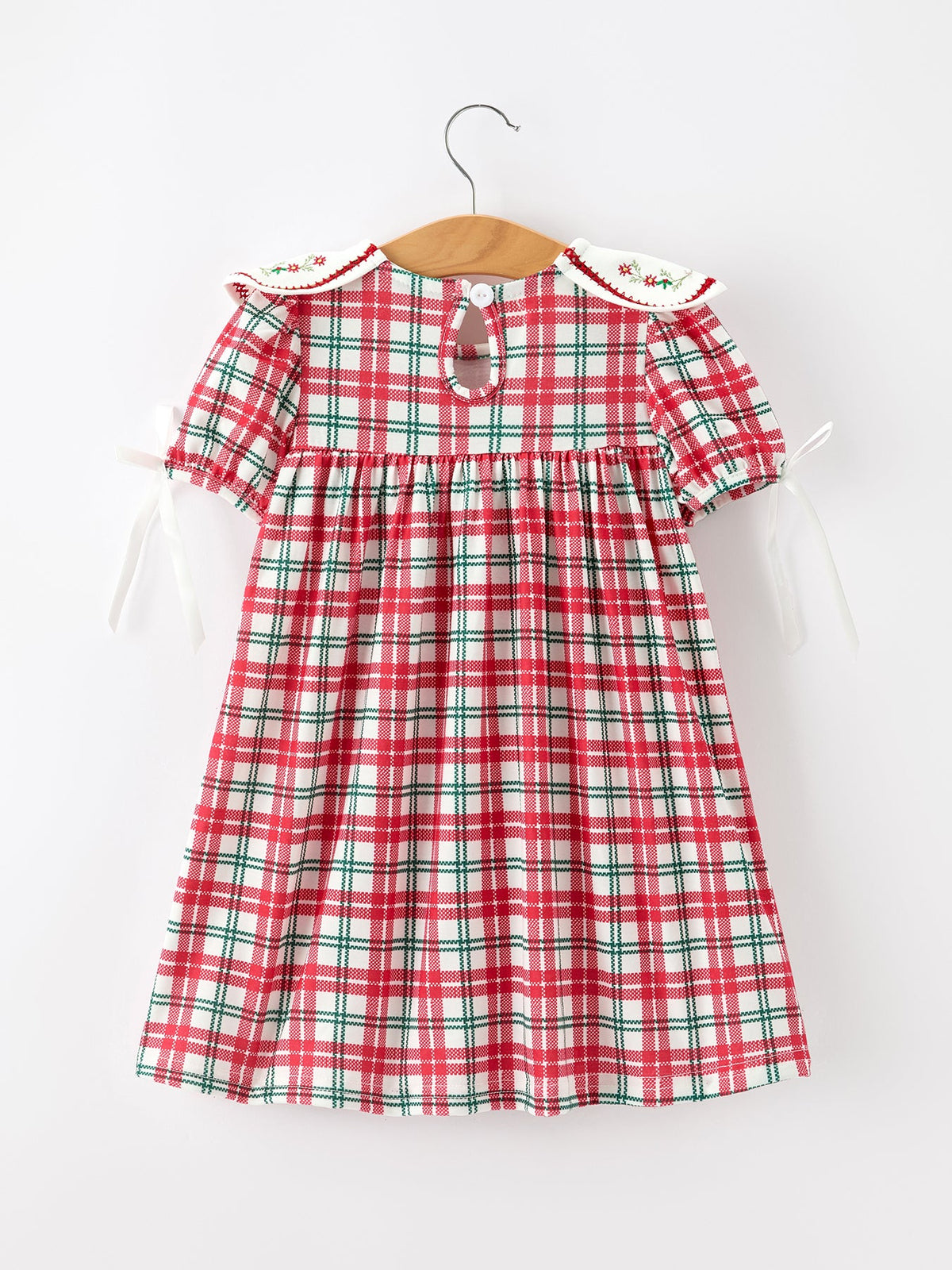 Red Christmas Plaid Wreath Embroidered Girl Dress