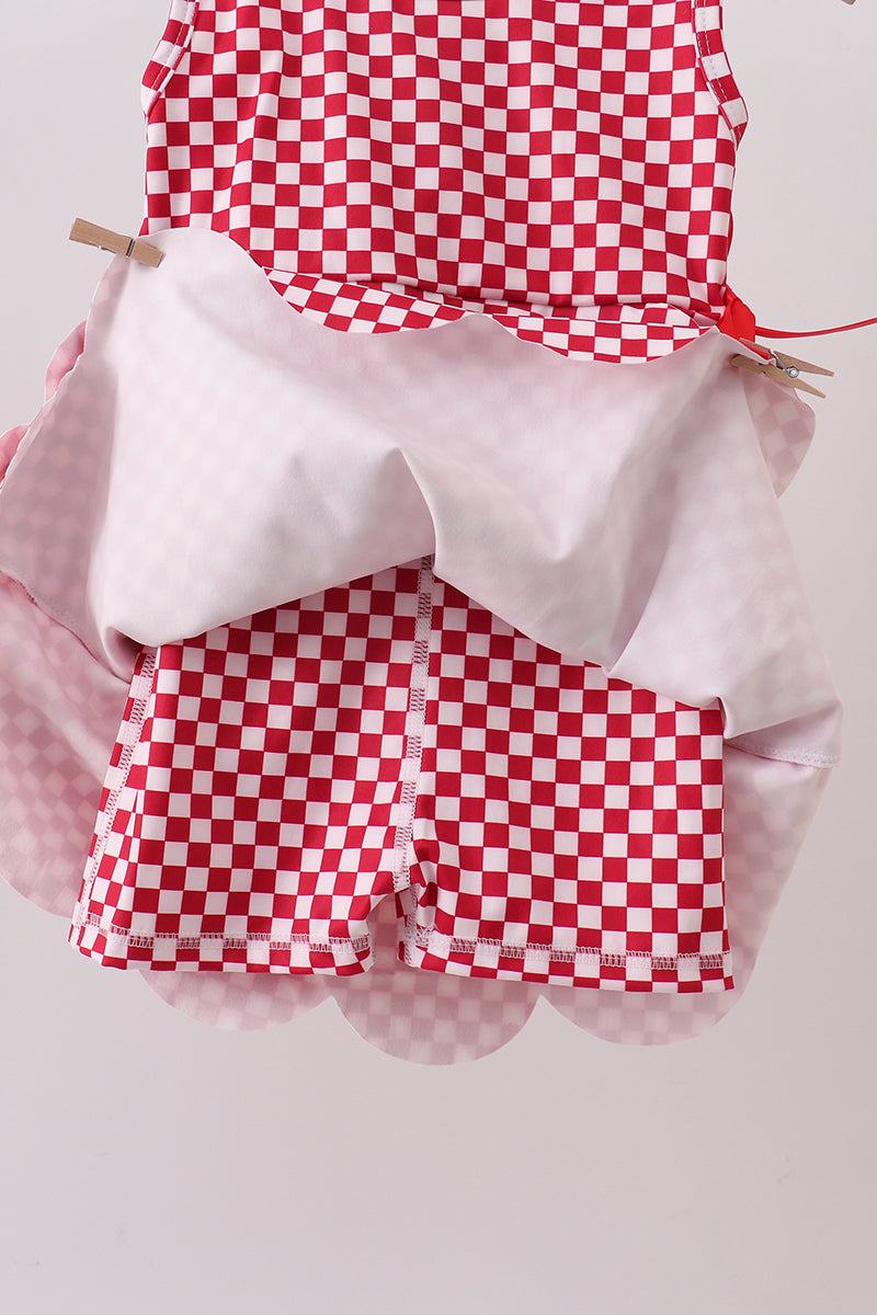 Red checkered bow active dress