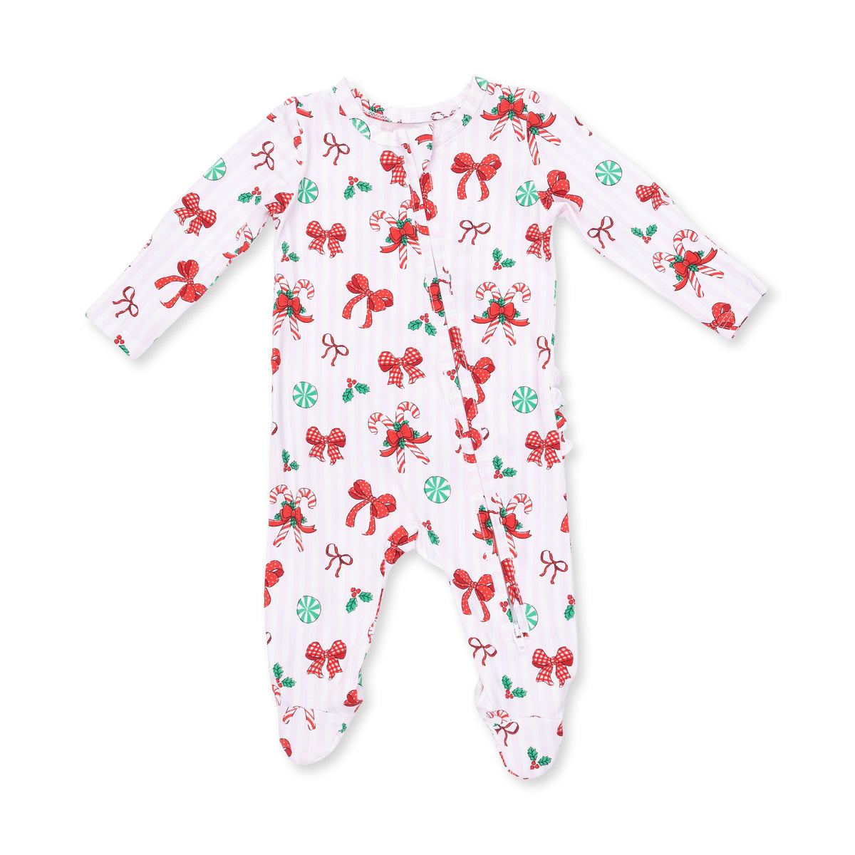 Bows & Candy Canes - Bamboo - 2 Way Ruffle Back Zipper Footie