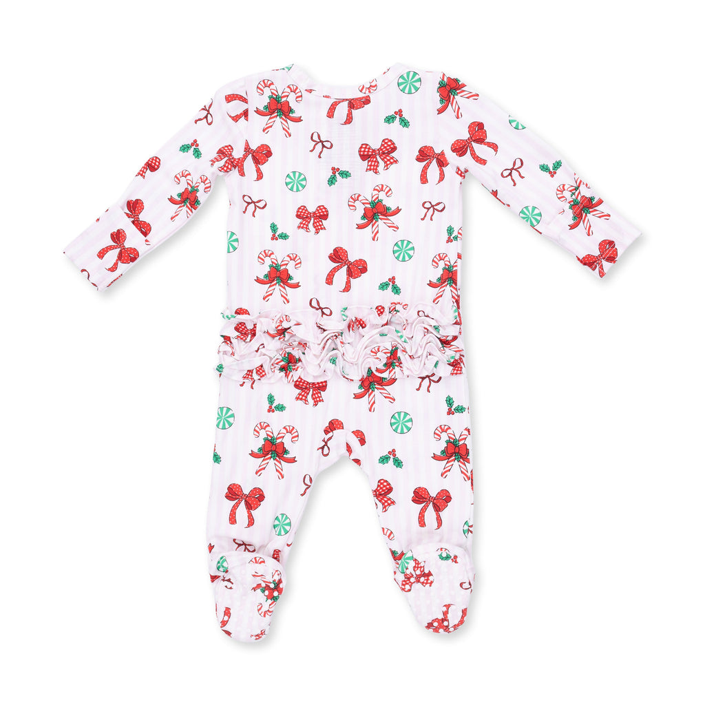 Bows & Candy Canes - Bamboo - 2 Way Ruffle Back Zipper Footie
