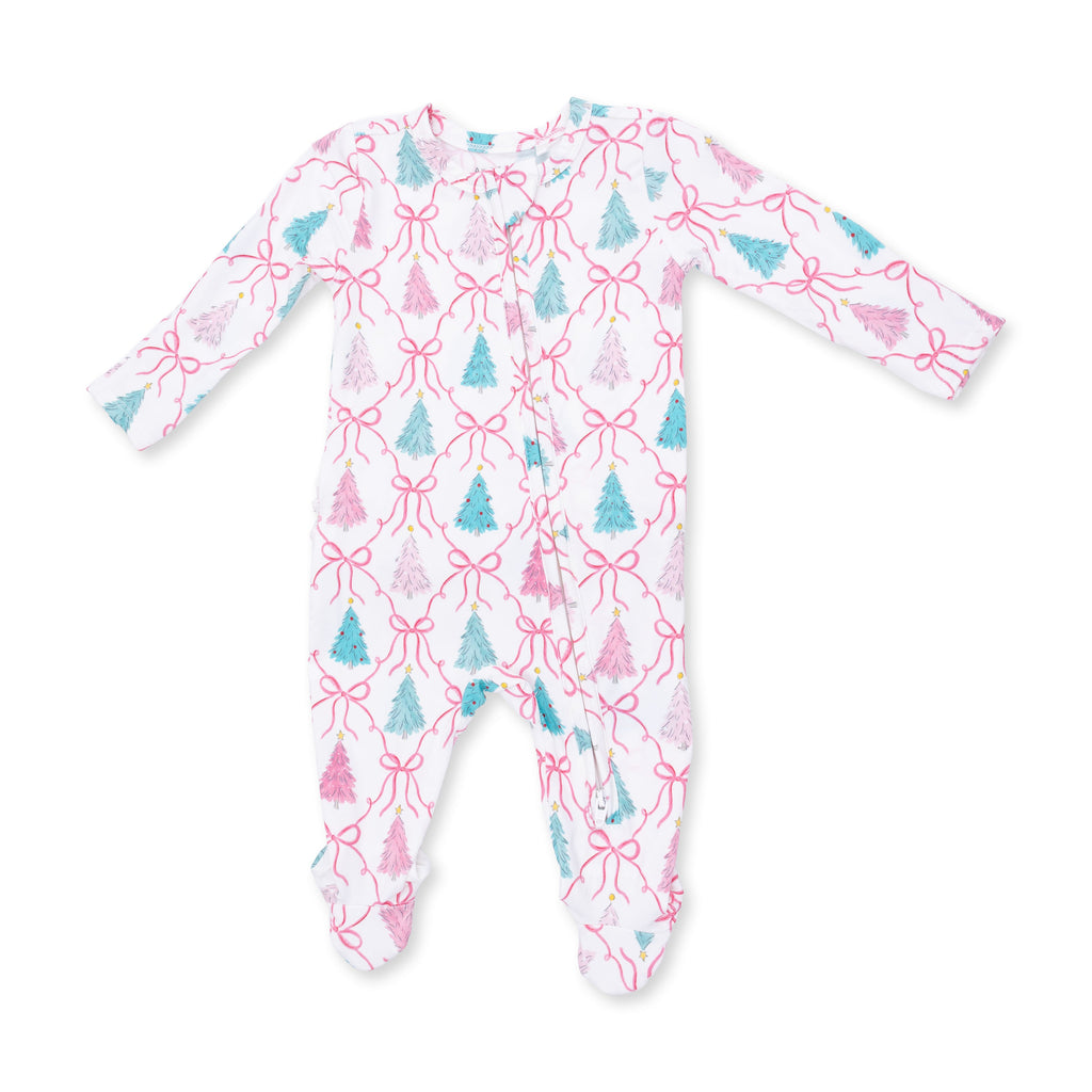 Bow Trellis Tree - Bamboo - 2 Way Ruffle Back Zipper Footie