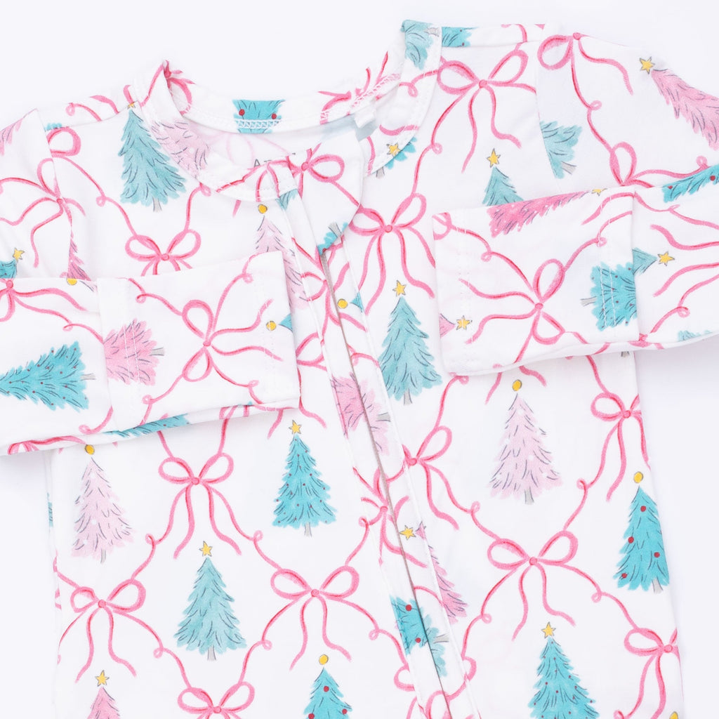 Bow Trellis Tree - Bamboo - 2 Way Ruffle Back Zipper Footie