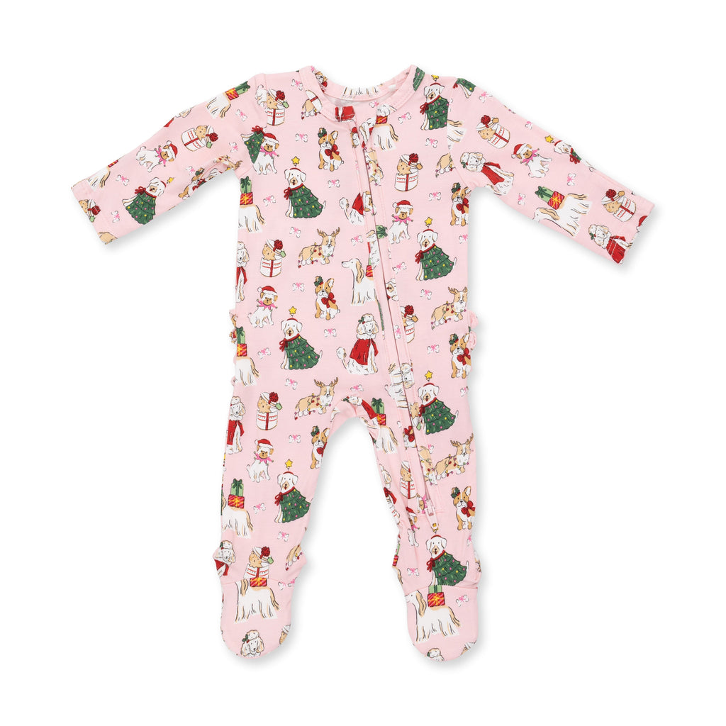 Christmas Dogs Pink - Bamboo - 2 Way Ruffle Back Zipper Footie
