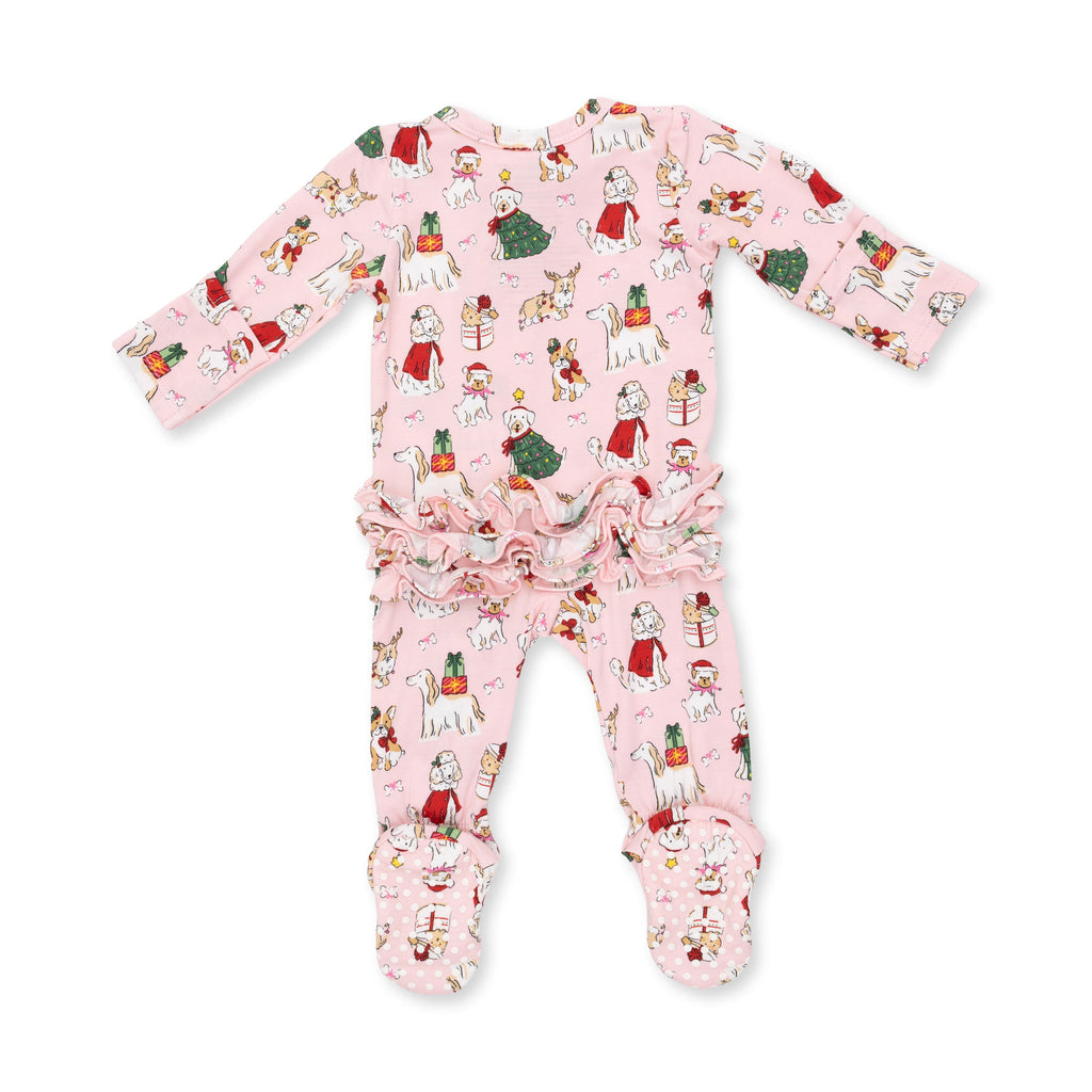 Christmas Dogs Pink - Bamboo - 2 Way Ruffle Back Zipper Footie