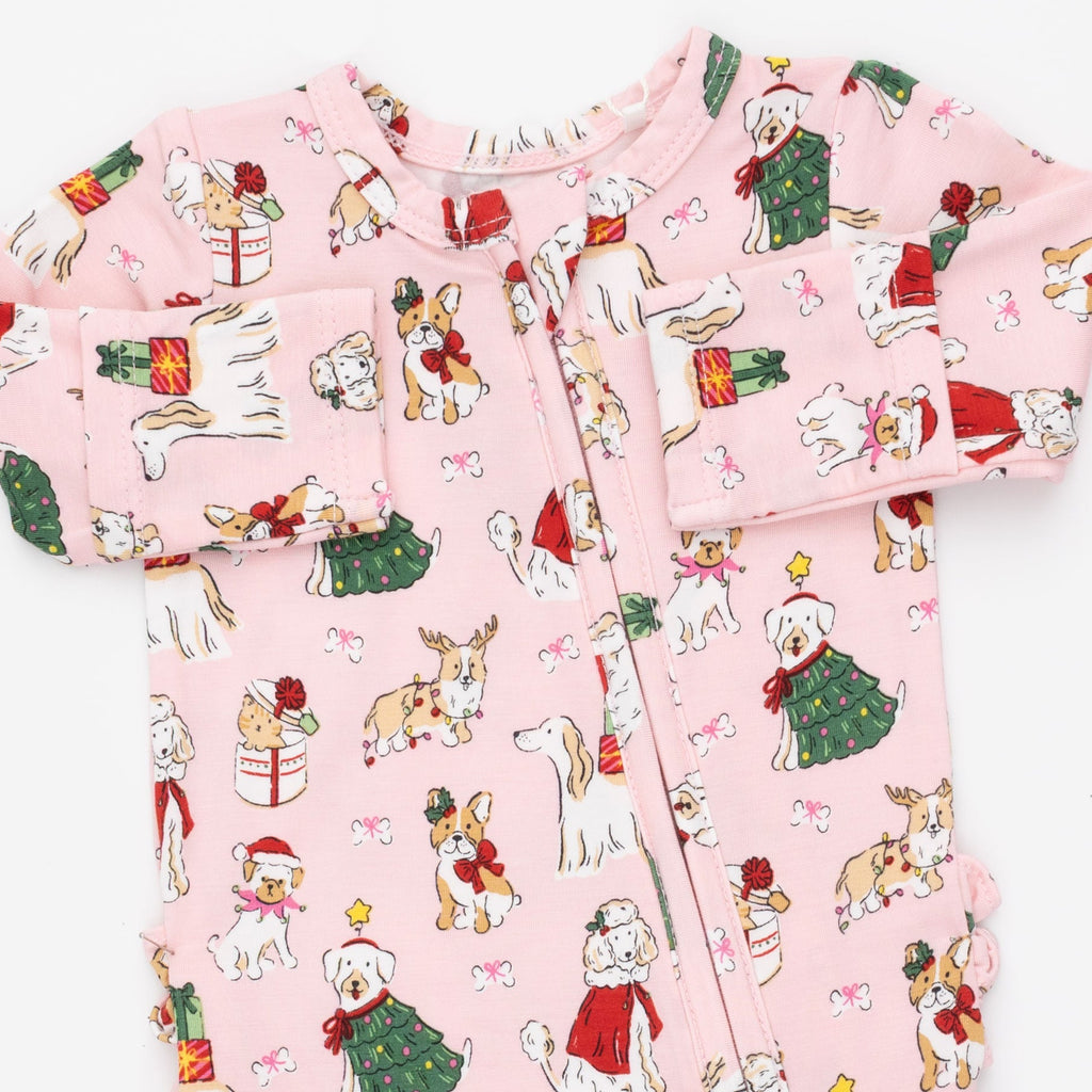 Christmas Dogs Pink - Bamboo - 2 Way Ruffle Back Zipper Footie