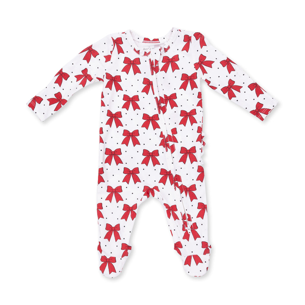 Festive Bows - Bamboo - 2 Way Ruffle Back Zipper Footie