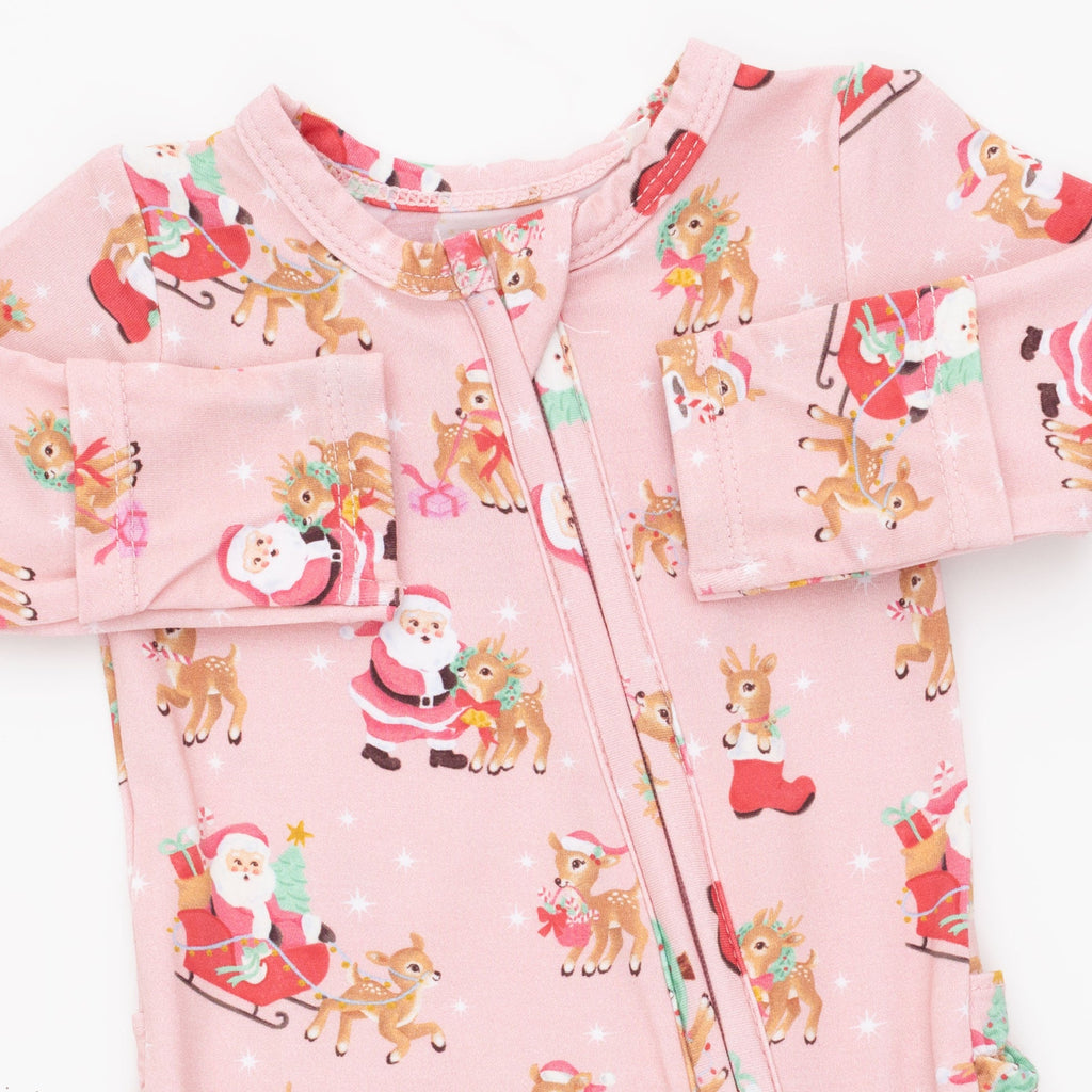 Vintage Reindeer & Santa Pink - Bamboo - 2 Way Ruffle Back Zipper Footie