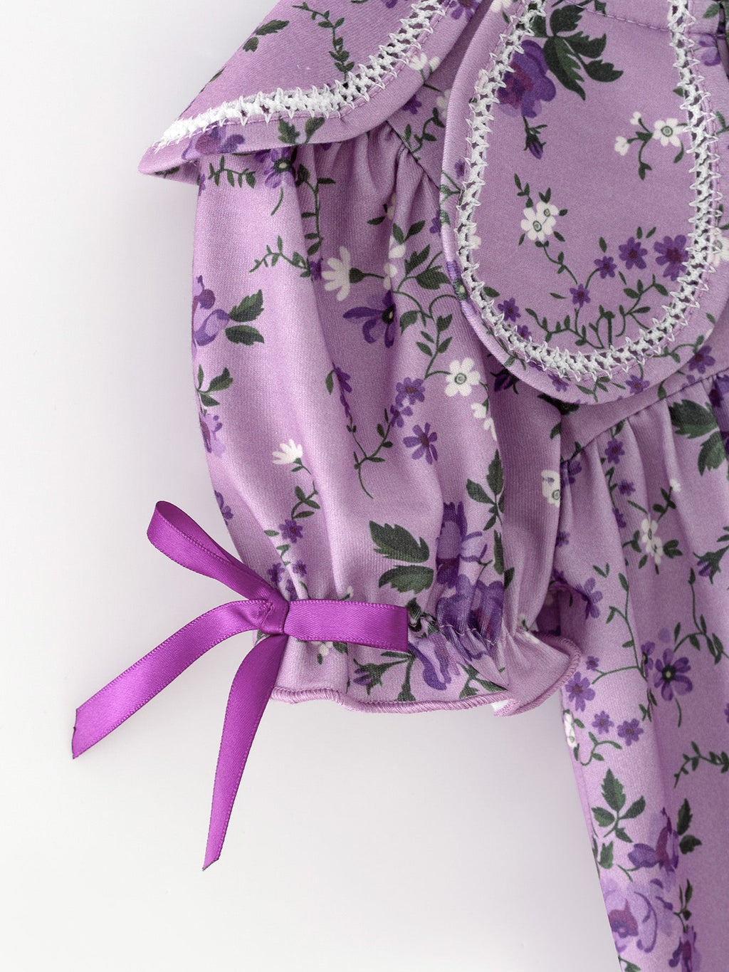 Purple Floral Girls Dress Bow Petal Collar Ruffle Hem Dress