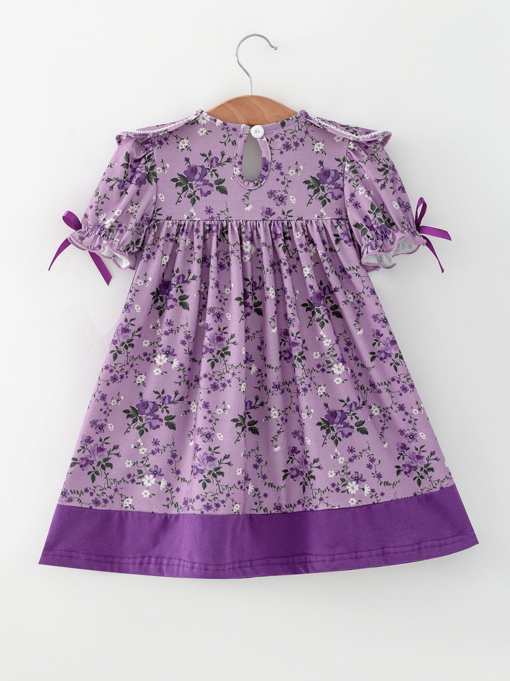 Purple Floral Girls Dress Bow Petal Collar Ruffle Hem Dress