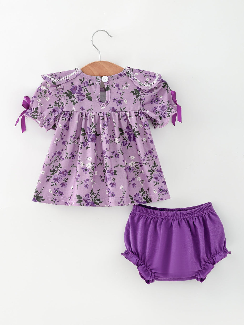 Floral Girls Outfit Set Purple Puff Sleeve Top Bloomers Set