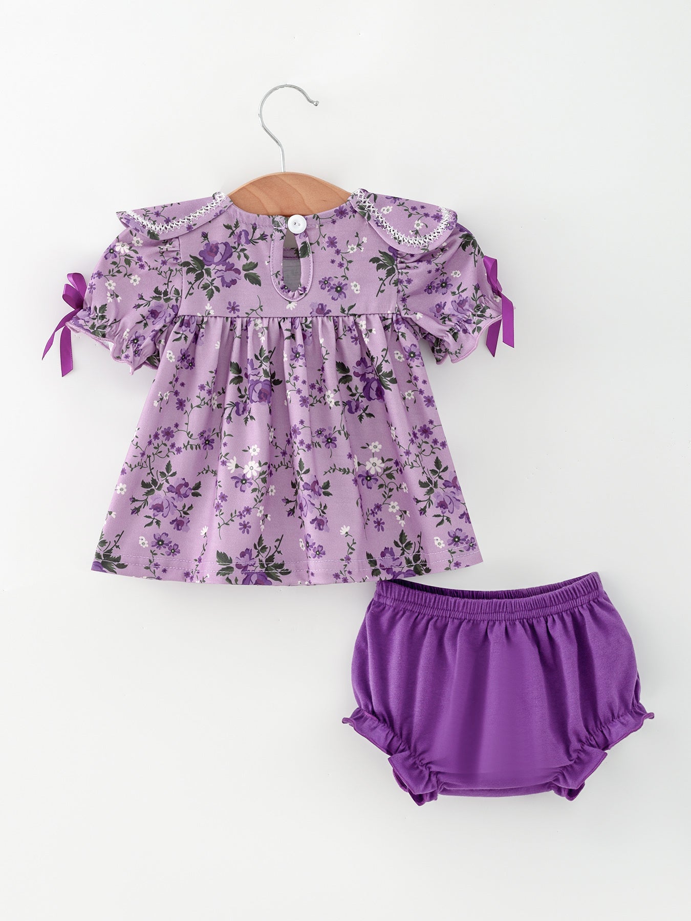 Floral Girls Outfit Set Purple Puff Sleeve Top Bloomers Set