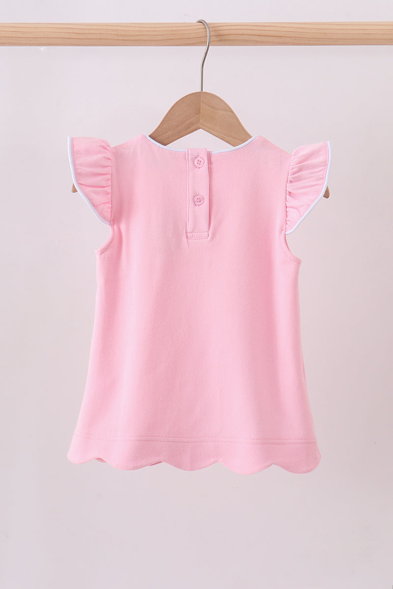 Pink flutter sleeve scalloped top