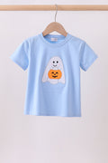 Blue ghost pumpkin embroidery top