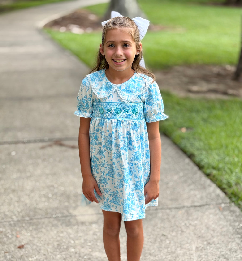Blue rose smocked dress