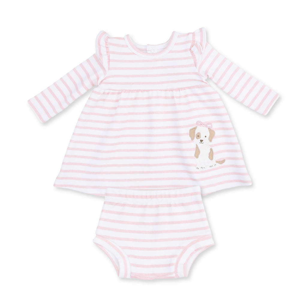 Stripe Puppy - Long Sleeve Dress with Ruffle and Bloomer (2T-4T Dress Only)