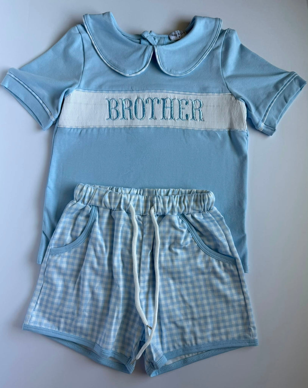 Blue Brother Embroidered Gingham Short Set