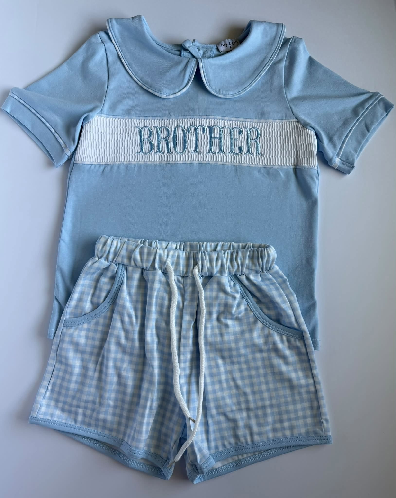 Blue Brother Embroidered Gingham Short Set