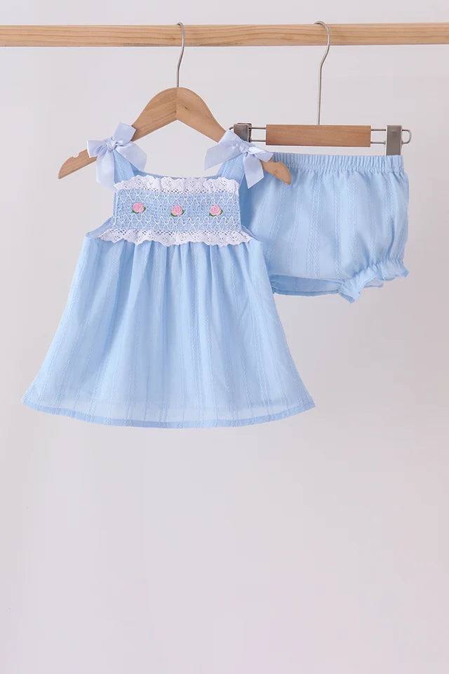 Blue Floral Smocked Lace Bloomer Set