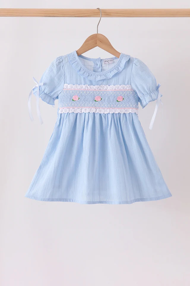 Blue Floral Smocked Lace Ruffle Dress