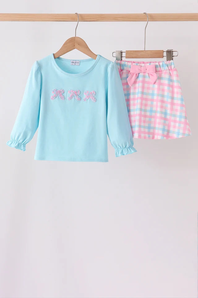Blue bow french knot plaid skorts set