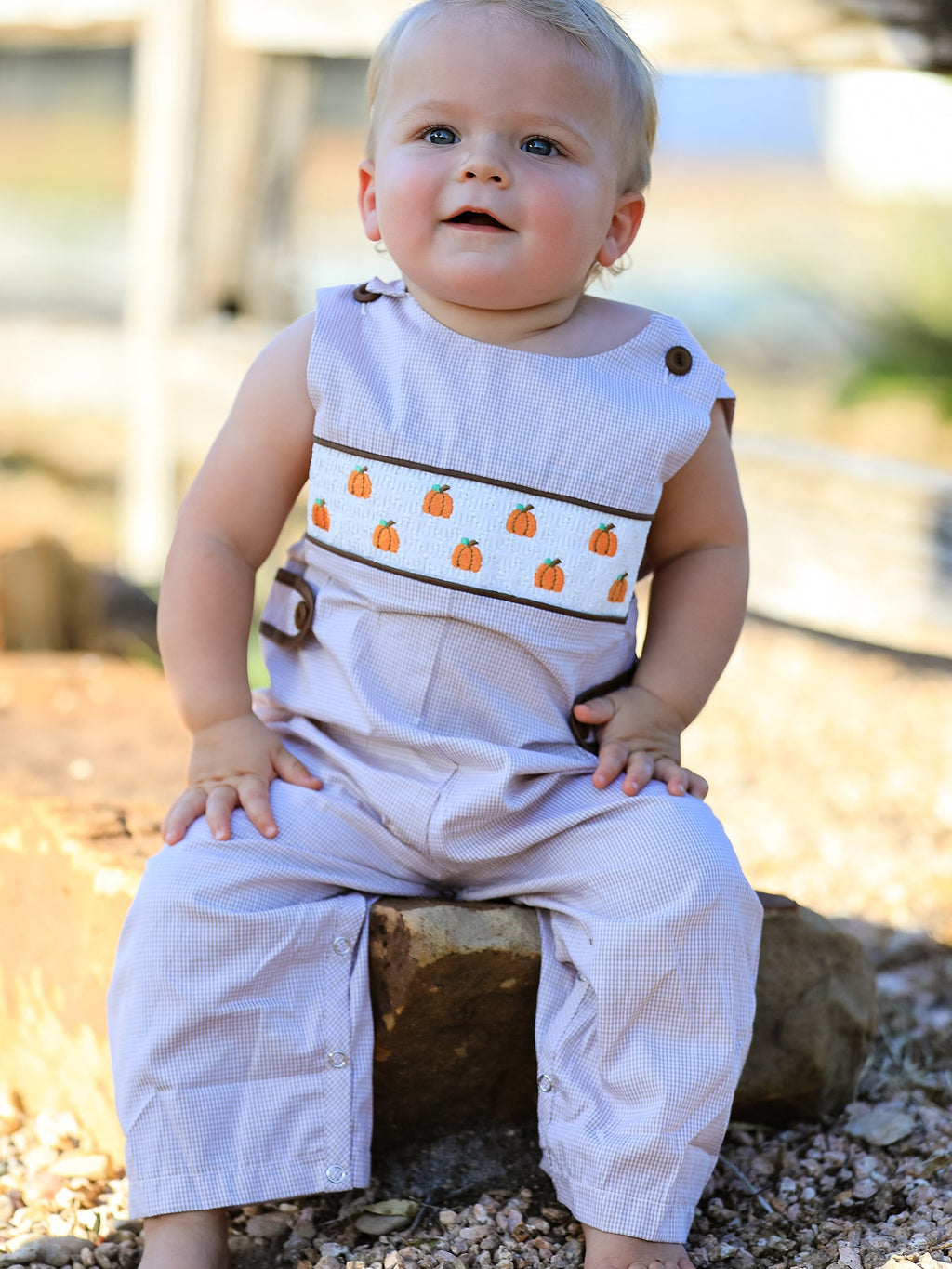 Fall Halloween & Thanksgiving  Pumpkin Smock Embroidered Boys Romper