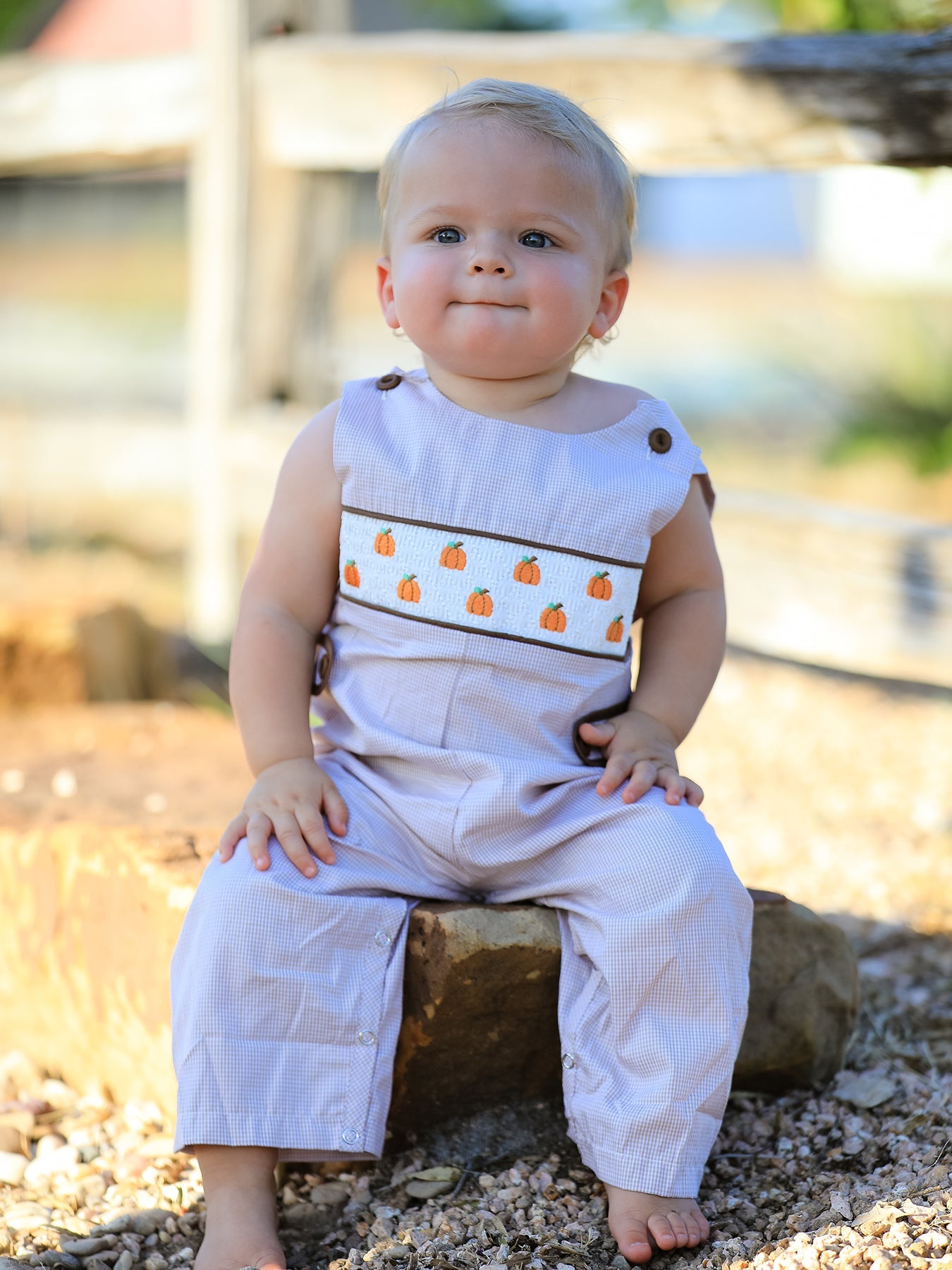 Fall Halloween & Thanksgiving  Pumpkin Smock Embroidered Boys Romper