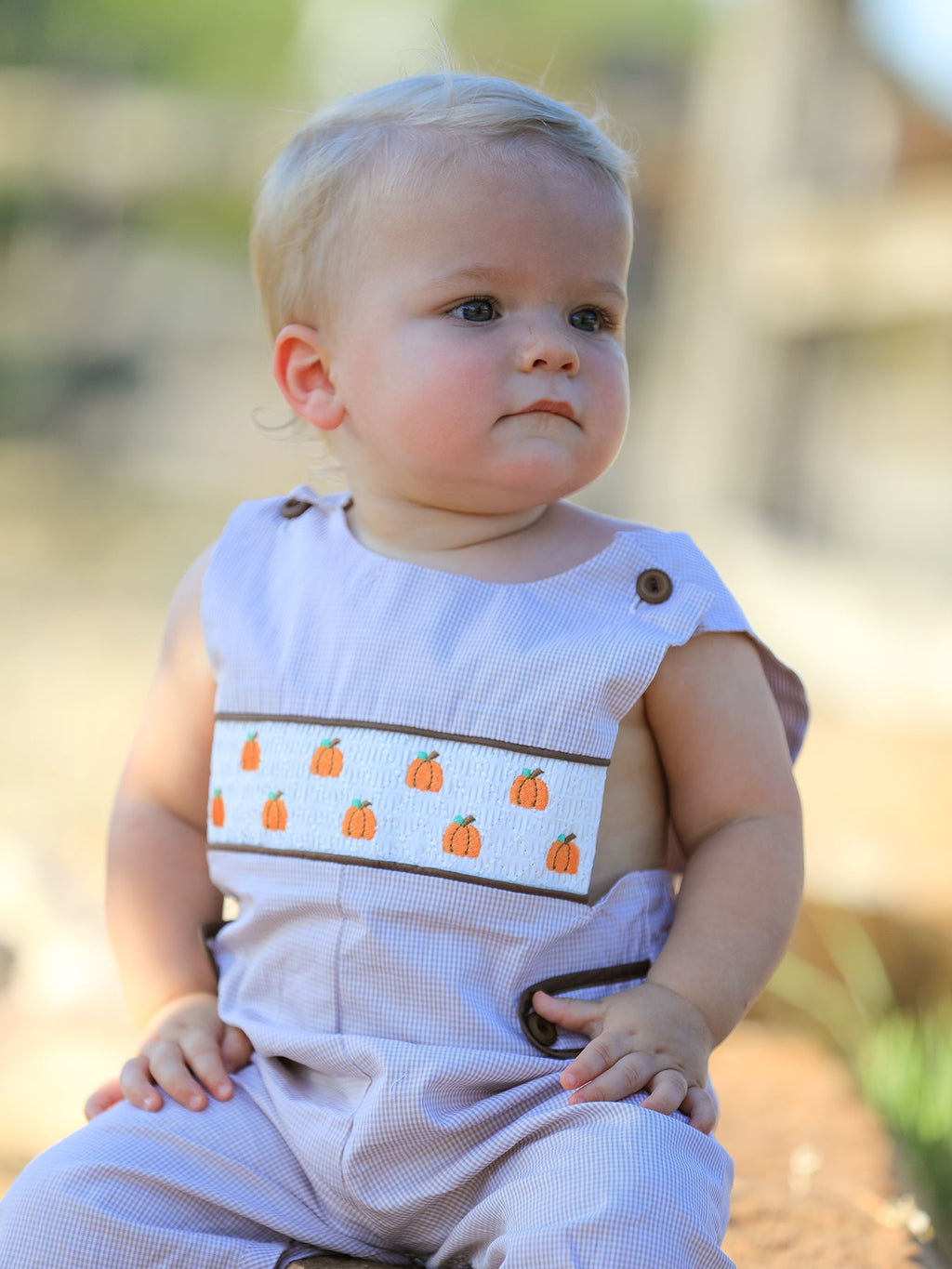 Fall Halloween & Thanksgiving  Pumpkin Smock Embroidered Boys Romper