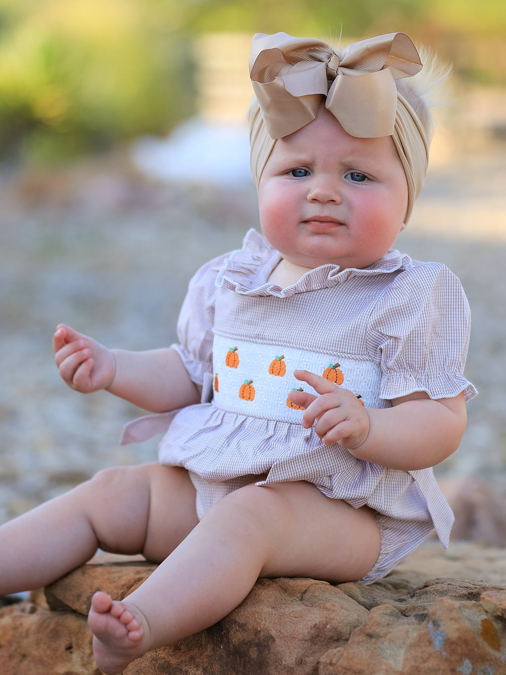 Fall Halloween & Thanksgiving Pumpkin Embroidery Smock Plaid Baby Girl Romper