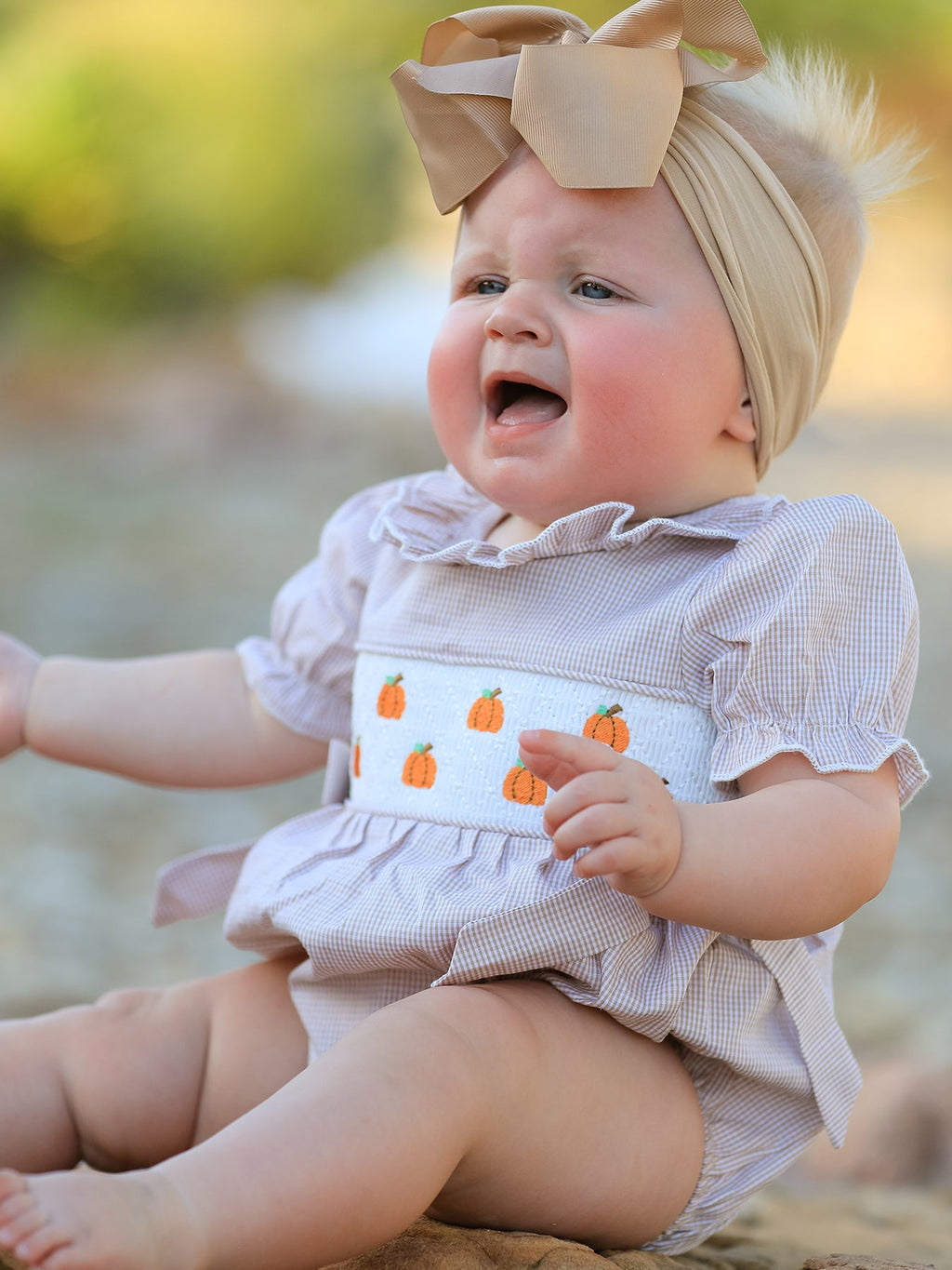 Fall Halloween & Thanksgiving Pumpkin Embroidery Smock Plaid Baby Girl Romper