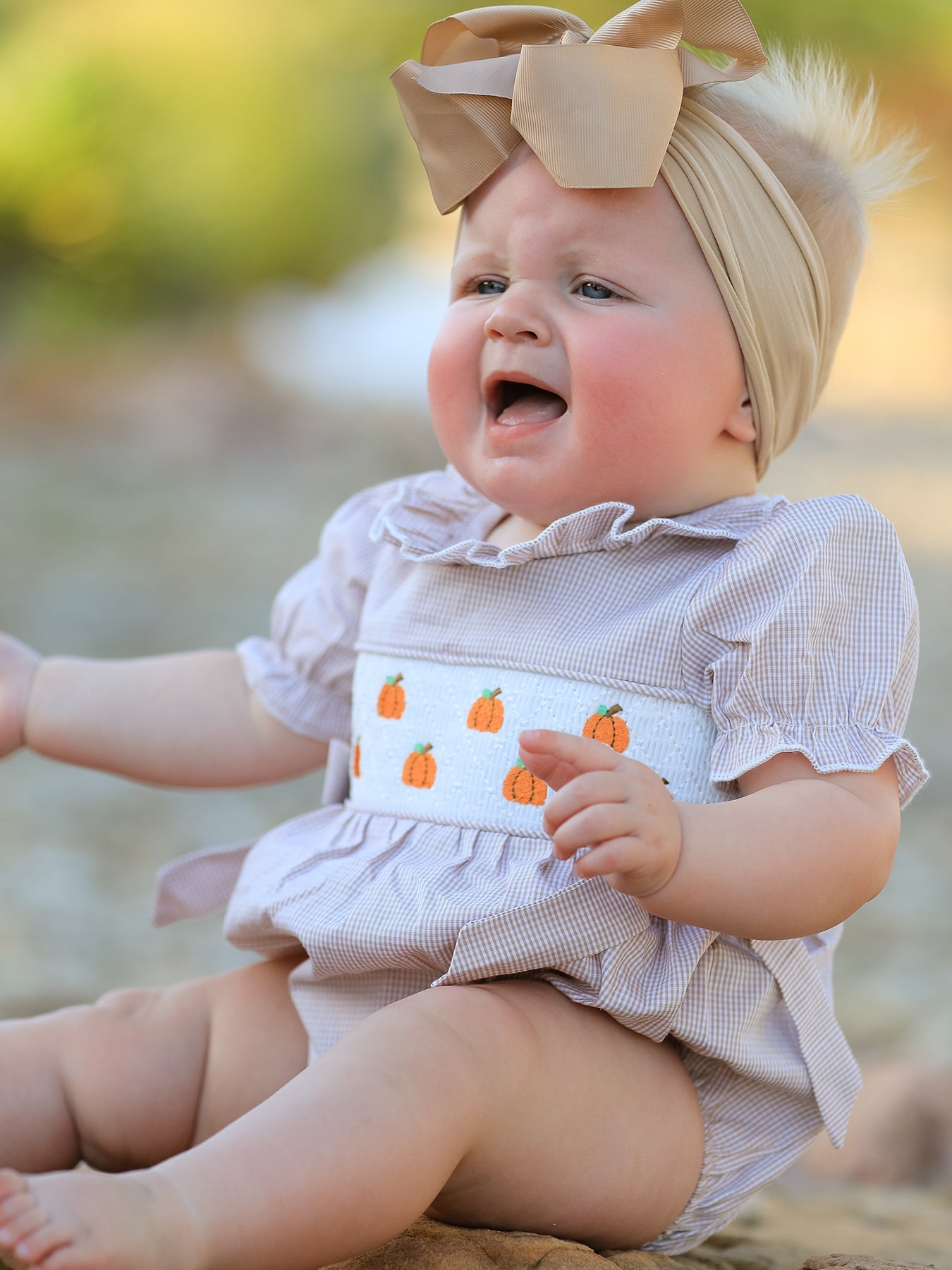 Fall Halloween & Thanksgiving Pumpkin Embroidery Smock Plaid Baby Girl Romper