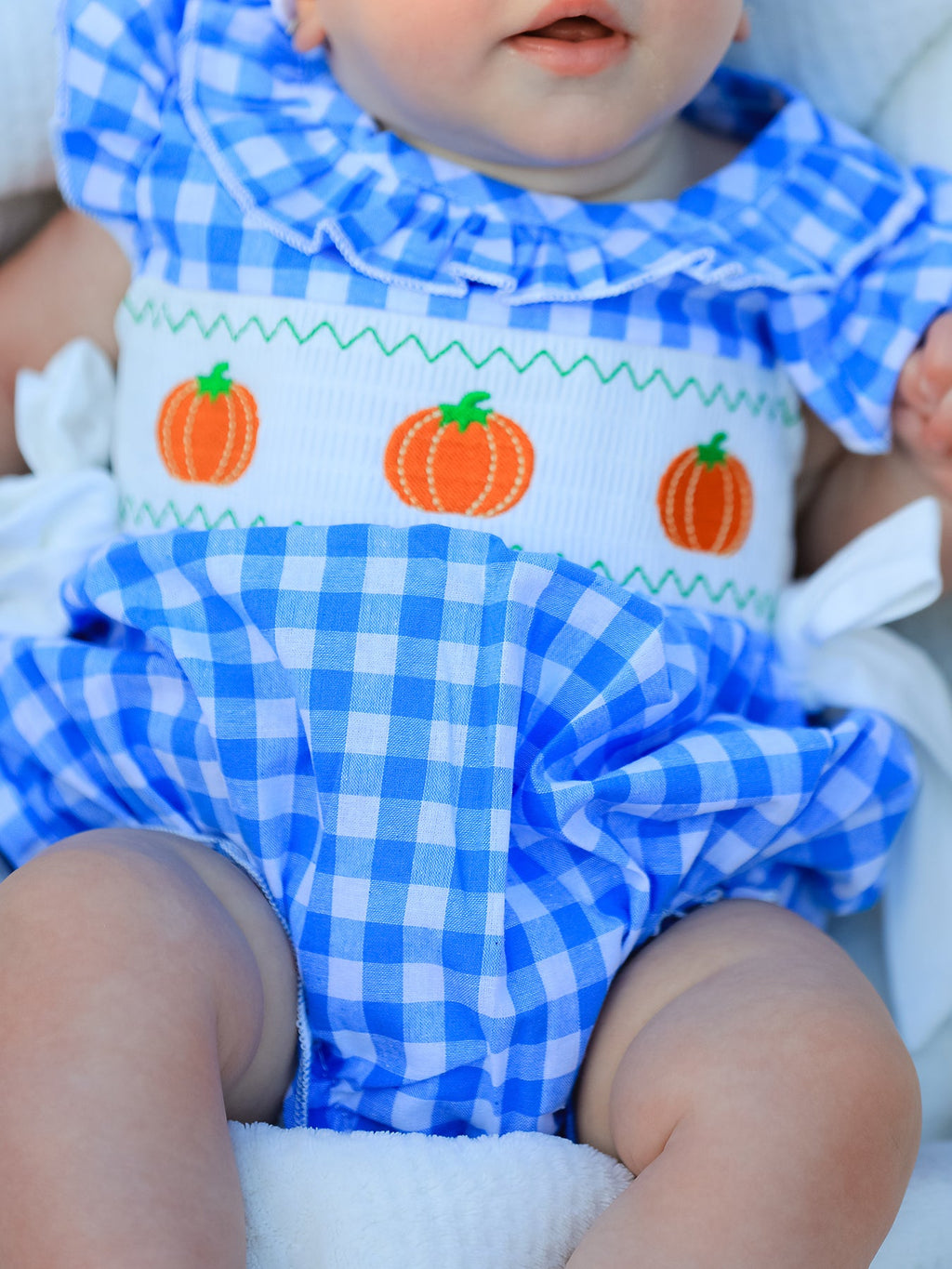 Fall Thanksgiving& Halloween Blue Pumpkin Smock Embroidery Baby Girl Romper