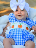 Fall Thanksgiving& Halloween Blue Pumpkin Smock Embroidery Baby Girl Romper