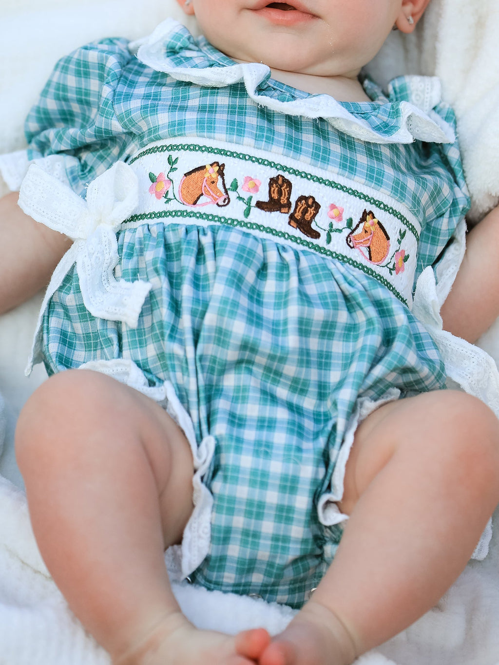 Western Plaid Horse Embroidered Girl Bubble Romper