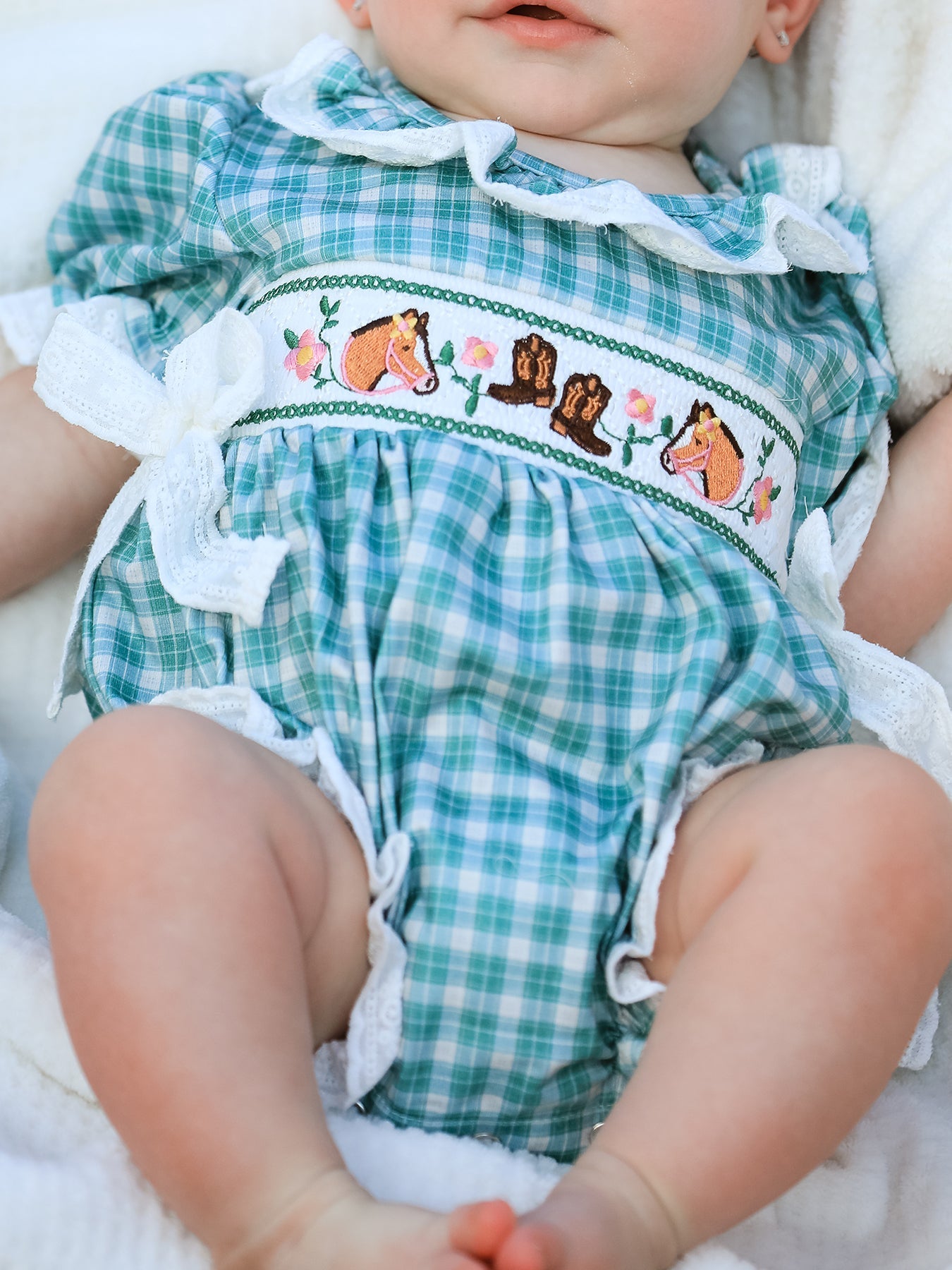 Western Plaid Horse Embroidered Girl Bubble Romper