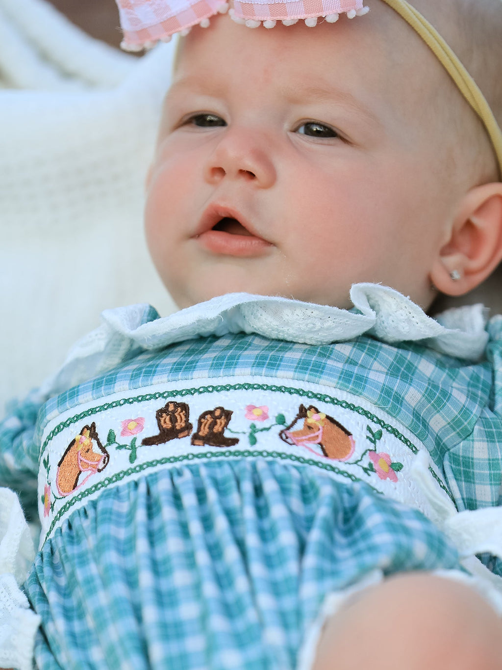 Western Plaid Horse Embroidered Girl Bubble Romper
