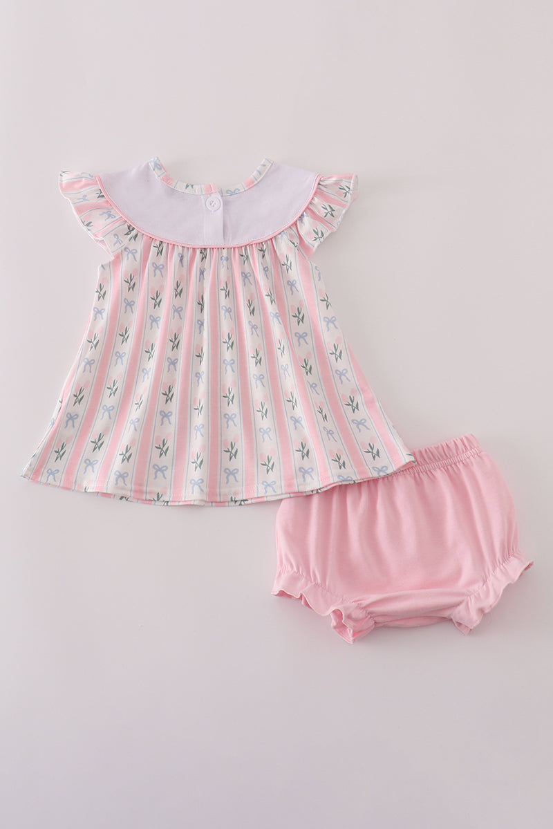 Pink Bow Embroidered Bow Bloomer Set