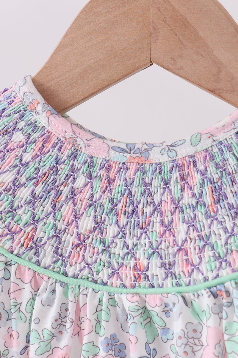 Green Floral Smocked Bubble