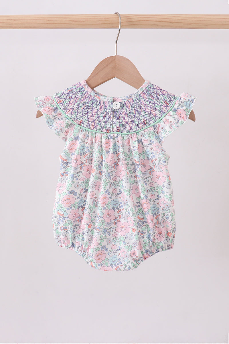 Green Floral Smocked Bubble