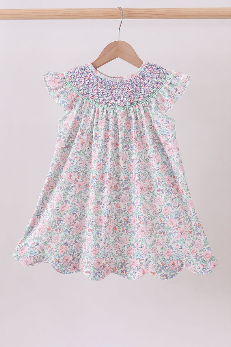 Green Floral Smocked Dress