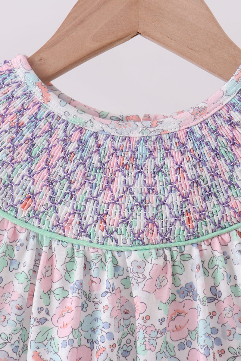 Green Floral Smocked Dress