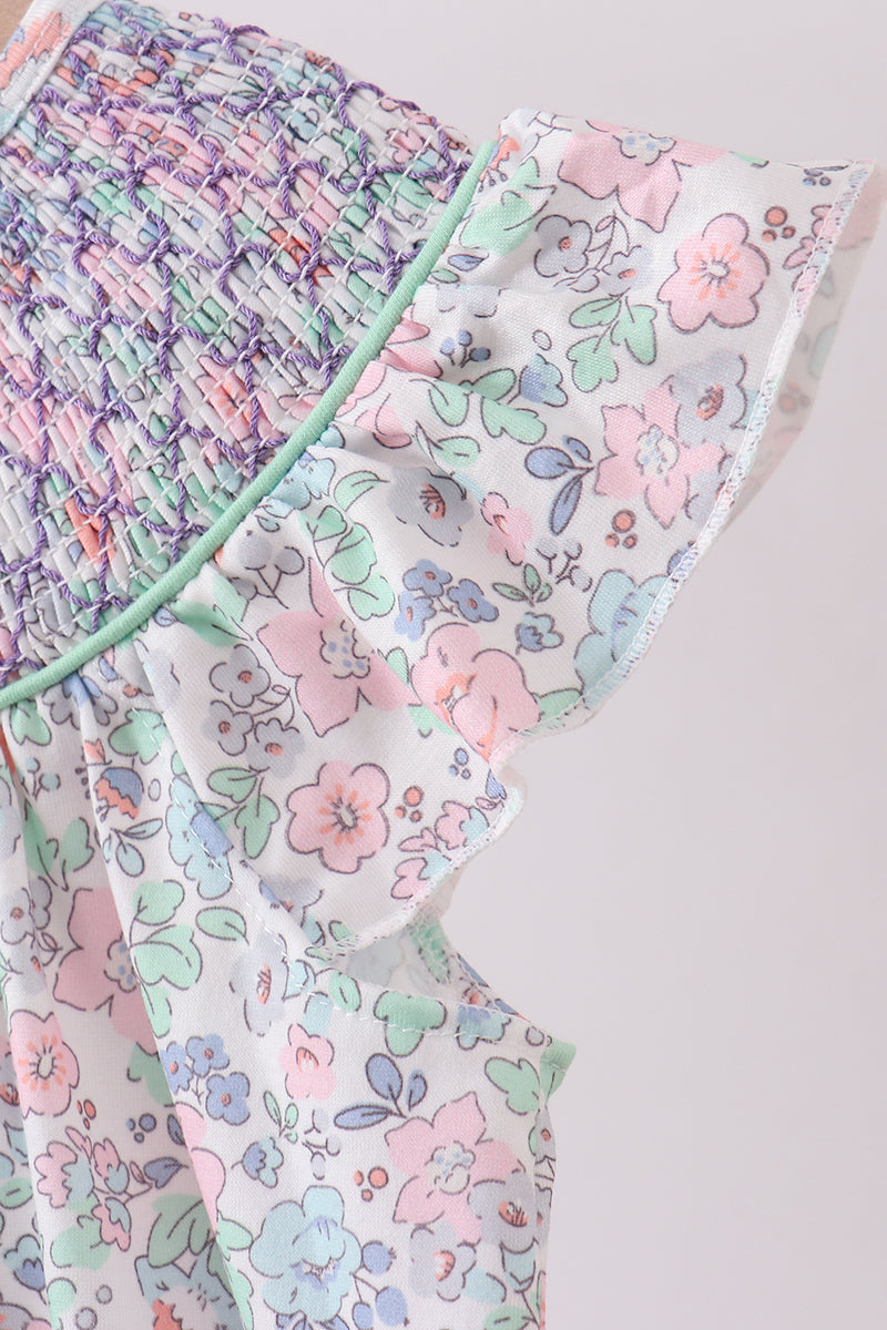 Green Floral Smocked Dress