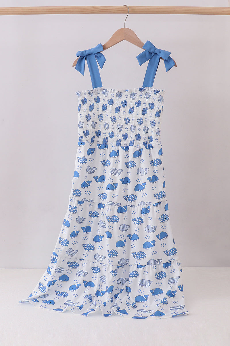 Blue whale smocked ruffle mom&me dress