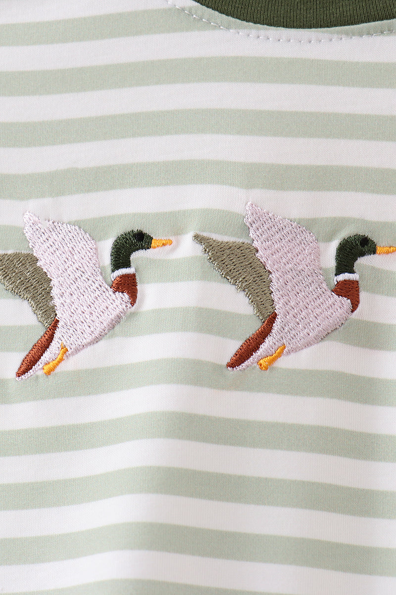 Green Duck Embroidered Stripe Romper